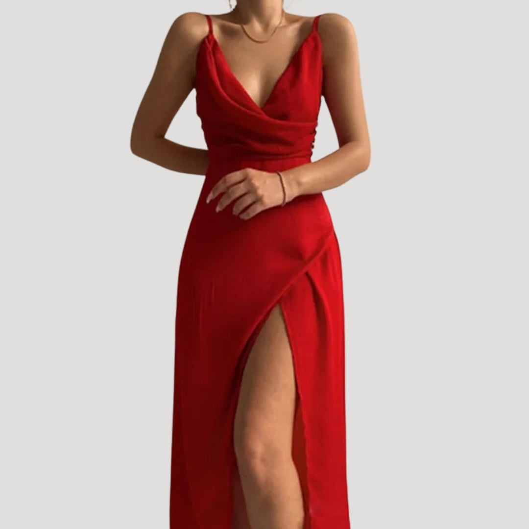 Chloe women's wedding guest slit maxi dress, elegant evening wear for formal occasions