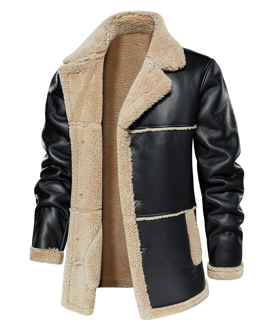 Classic black aviator coat with faux shearling lining, unisex design for winter fashion outerwear.