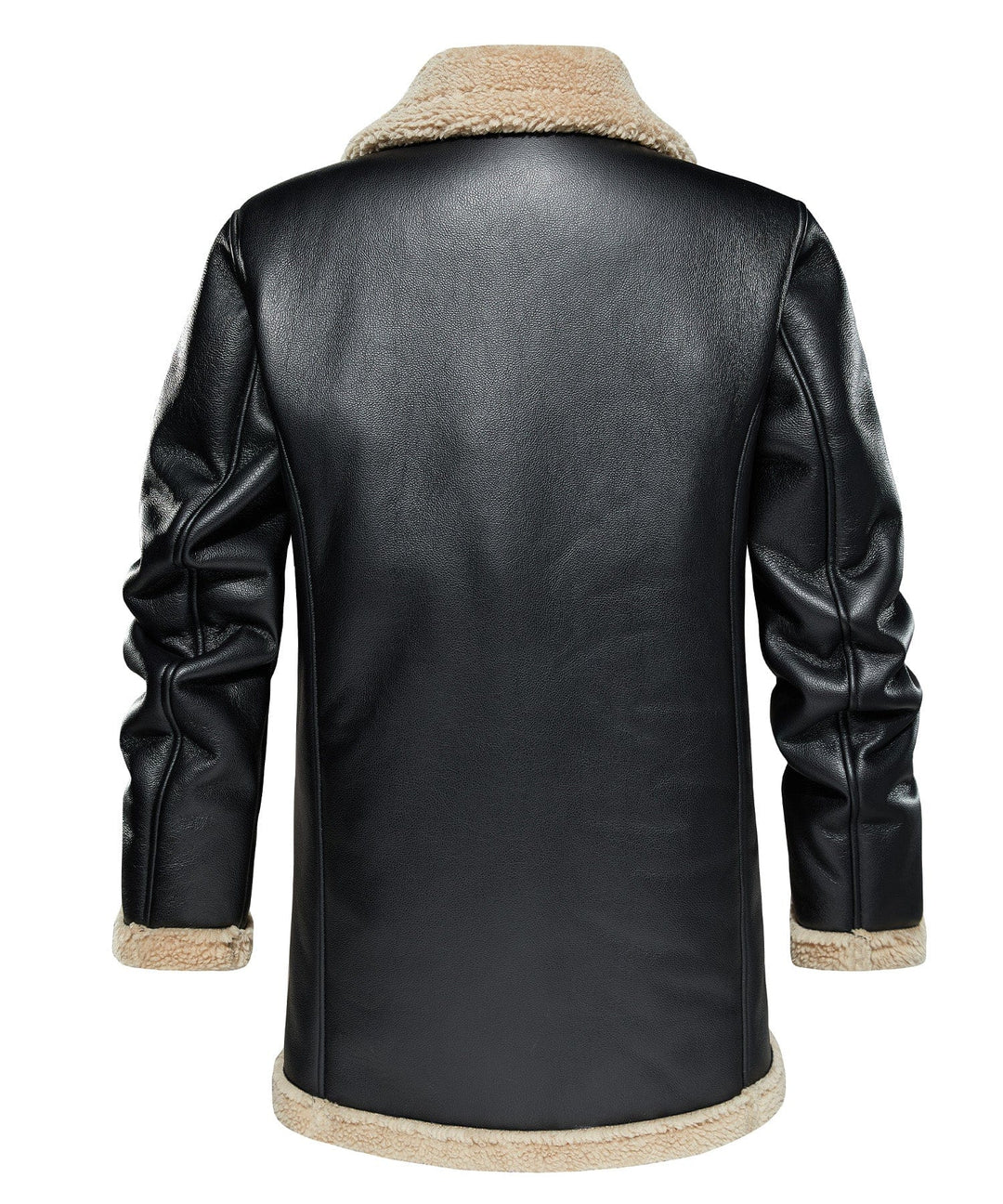Black aviator coat with soft faux shearling collar and interior, a timeless unisex winter jacket.