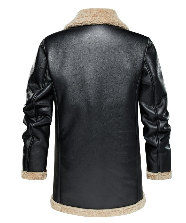 Black aviator coat with soft faux shearling collar and interior, a timeless unisex winter jacket.