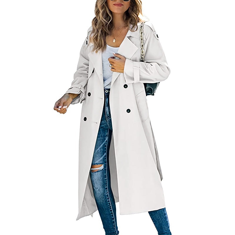 Classic black women's long trench coat, elegant and versatile for all seasons. Perfect spring & fall outerwear.