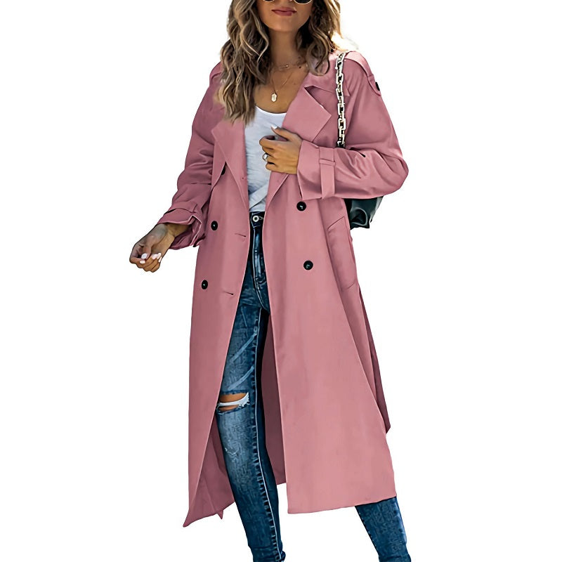 Elegant light blue women's long trench coat, versatile outerwear for spring, fall, and year-round style.