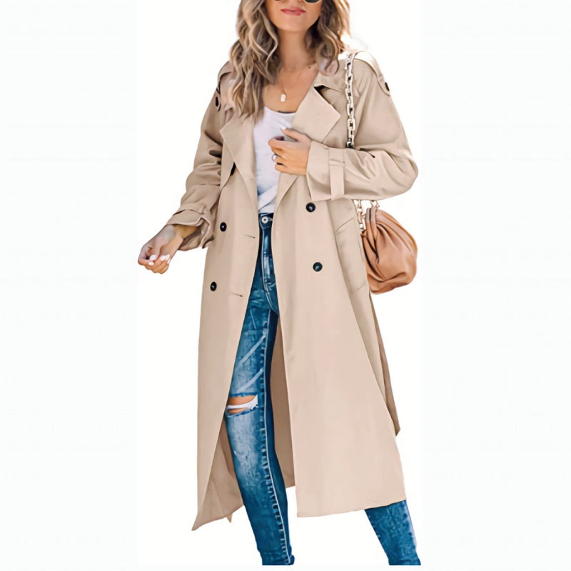 Women's gray long trench coat, a classic & elegant piece for versatile all-season outerwear fashion.