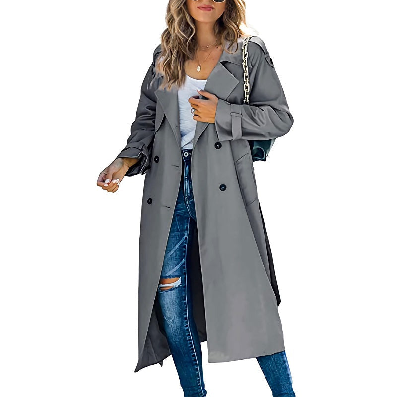 Versatile khaki women's long trench coat, ideal for elegant spring, fall, and all-season outerwear.