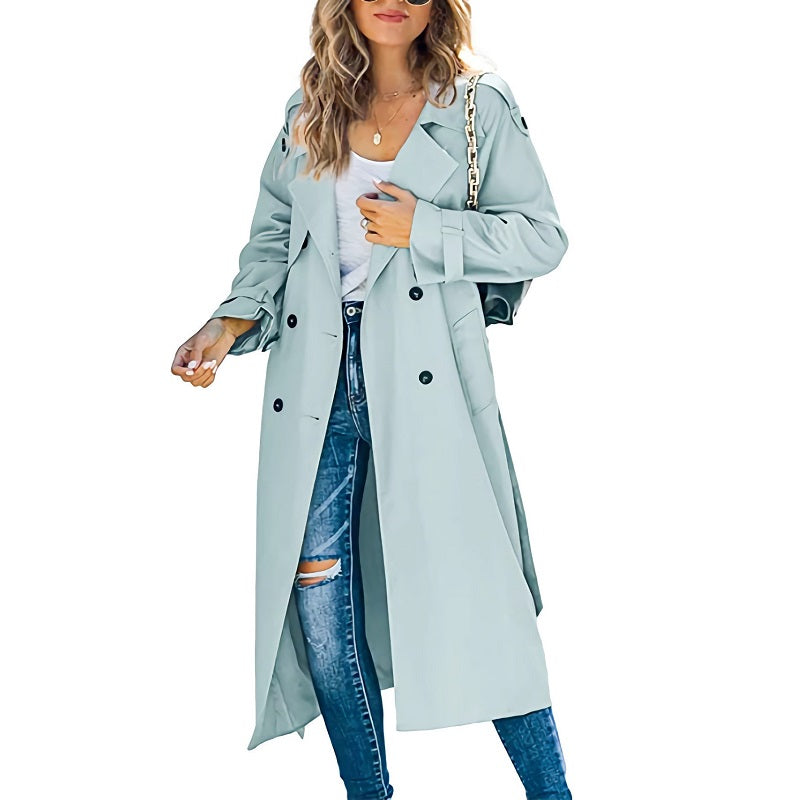 Stylish pink long trench coat for women, an elegant and classic outerwear choice for spring & fall.