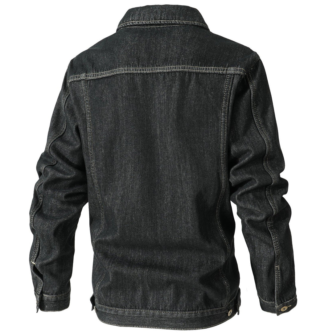 Back view of a classic blue denim jacket, showcasing its durable construction and timeless design.