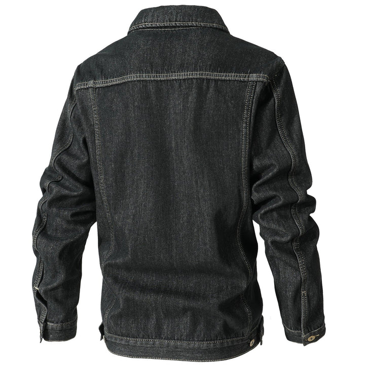 Back view of a classic blue denim jacket, showcasing its durable construction and timeless design.
