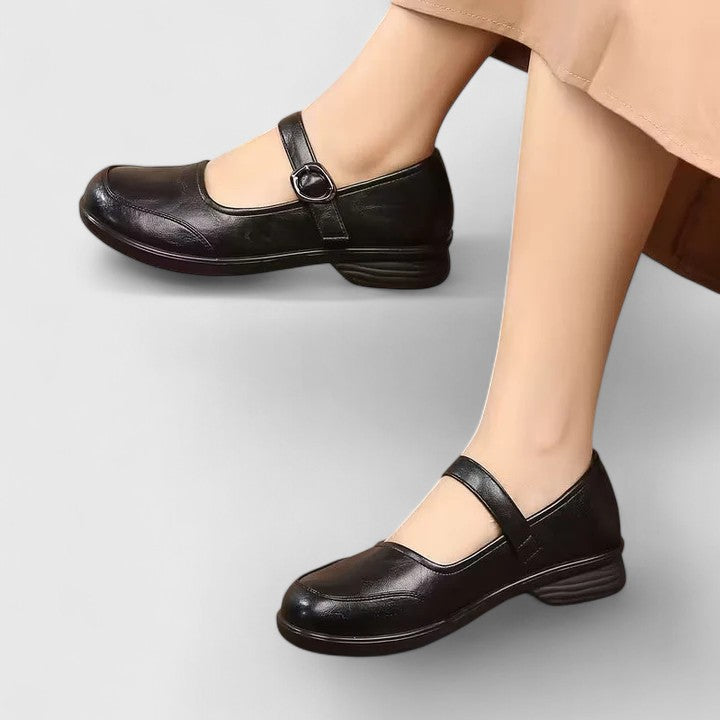 Detail of the soft material and buckle closure on these comfortable women's flats