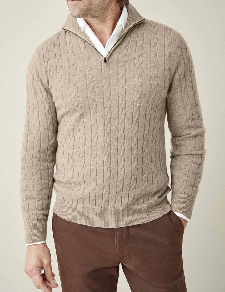 Men's winter fashion: a warm cable knit quarter-zip pullover for ultimate comfort.