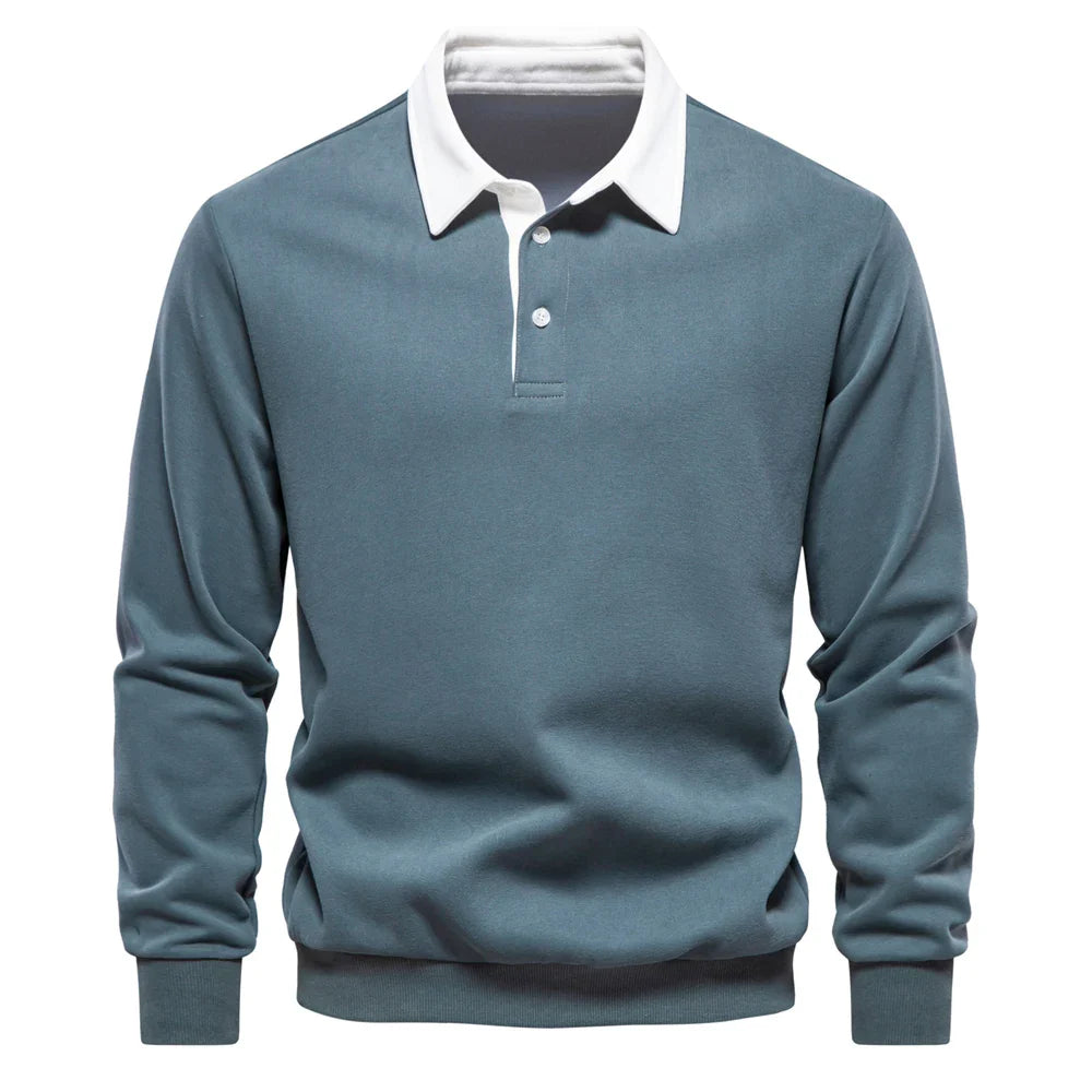 Men's long sleeve rugby shirt with polo collar, showcasing quality and casual elegance.