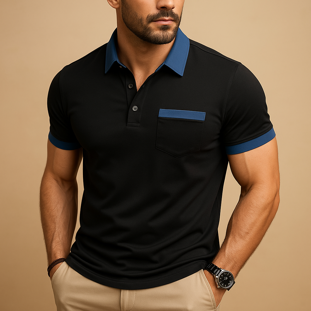 Front view of a men's classic short sleeve polo shirt. Essential everyday shirt for men's fashion and versatile casual wear.