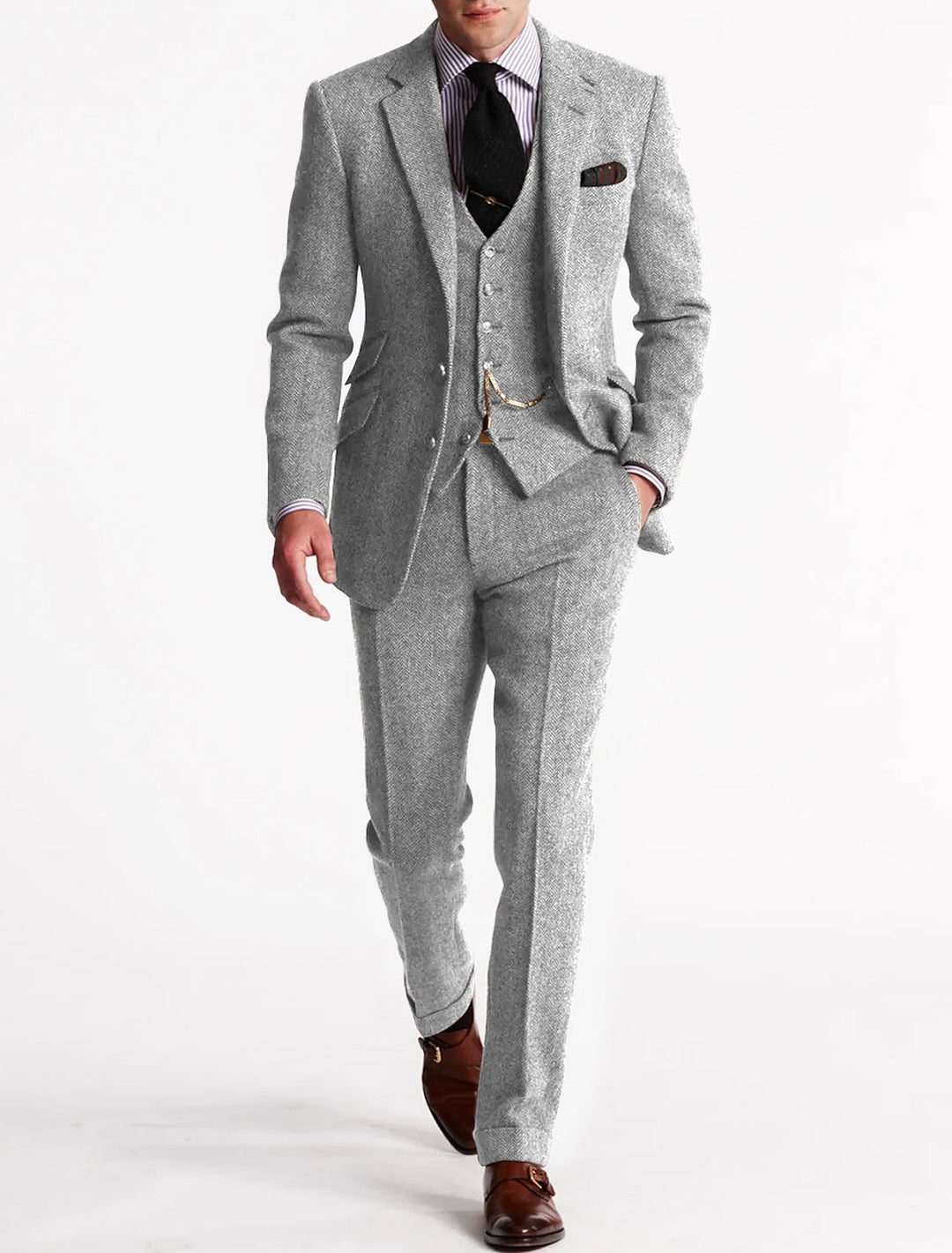Formal men's three-piece suit, a refined choice for weddings & gala events. Tuxedo-style elegance for special occasions.