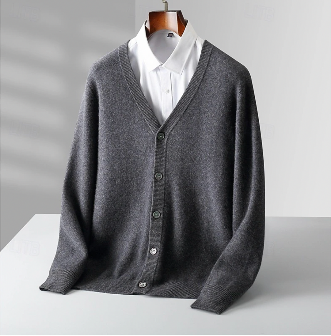 Men's long-sleeve V-neck cardigan, a classic knitwear essential for comfortable all-season layering and timeless style.