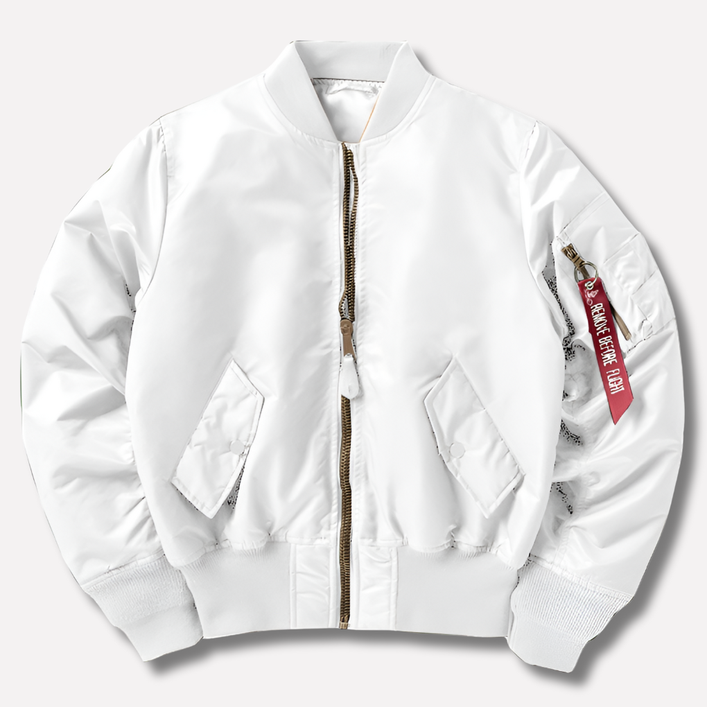 Back view of a sleek women's unisex bomber jacket. Comfortable and stylish outerwear for everyday and transitional wear.