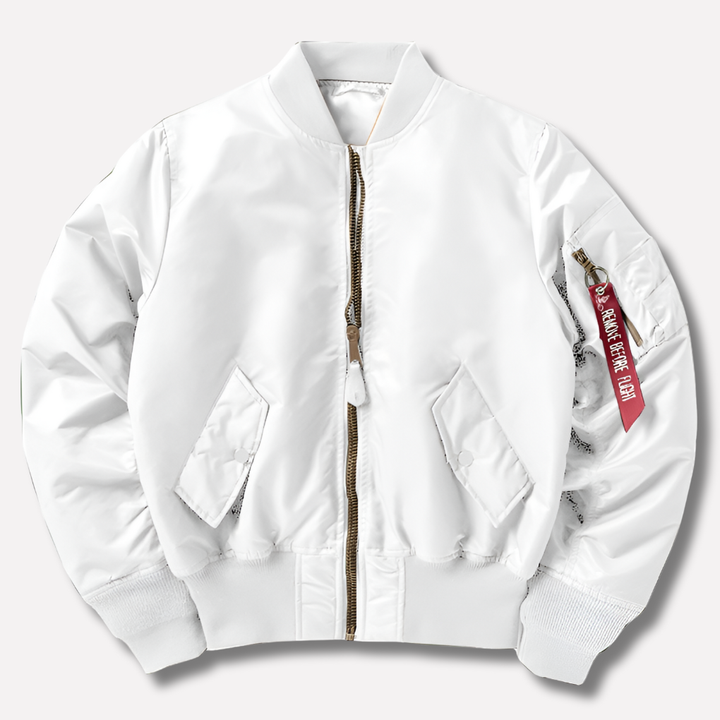 Back view of a sleek women's unisex bomber jacket. Comfortable and stylish outerwear for everyday and transitional wear.