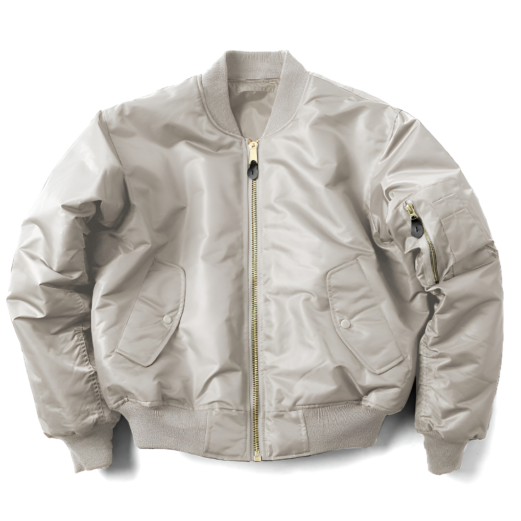 Close-up of a women's classic bomber jacket, showcasing the durable zipper & ribbed collar. Unisex casual outerwear.