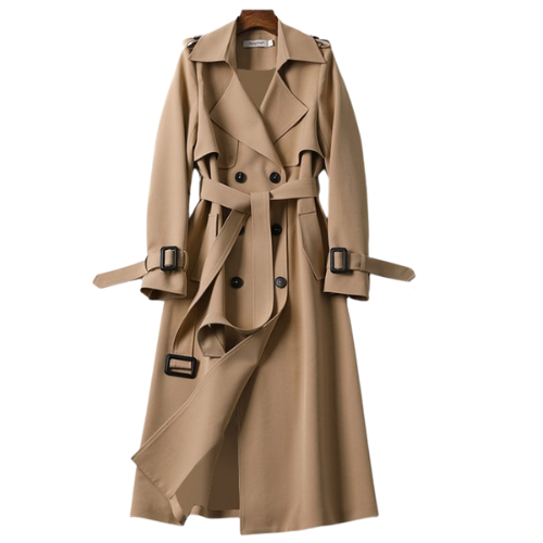 Classic women's double-breasted trench coat in beige, perfect for elegant spring & fall outerwear.
