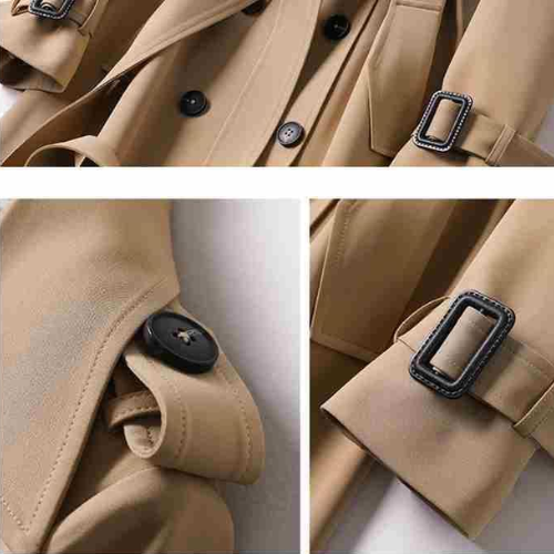 Elegant women's fall trench coat, double-breasted design for sophisticated outerwear.