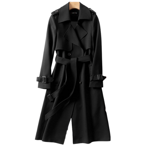 Chic double-breasted trench coat for women, ideal elegant outerwear and ladies jacket.