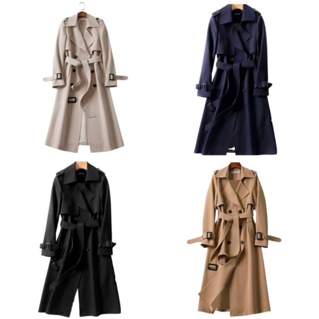 Elegant women's double-breasted trench coat, essential versatile outerwear.