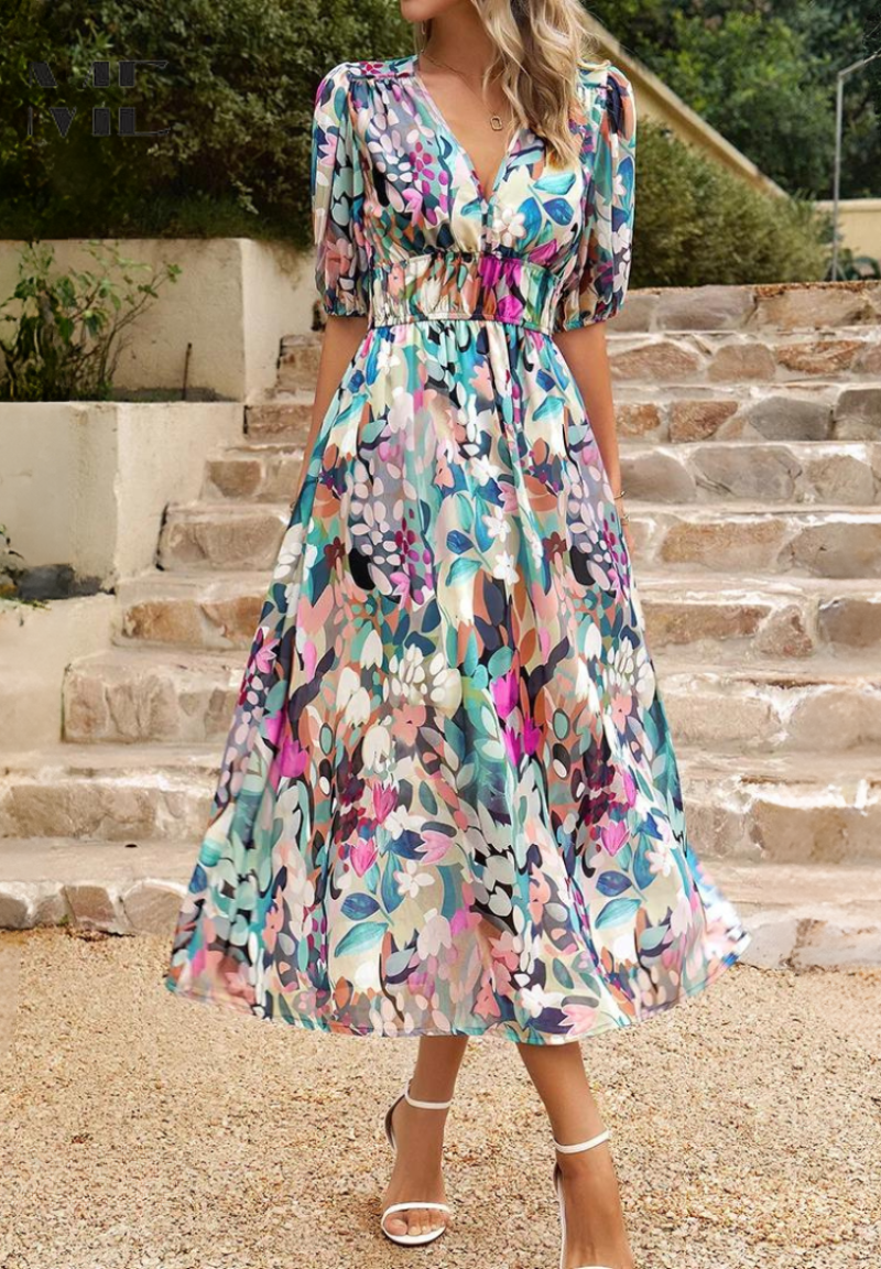 Women's Floral Print Midi Dress with V-Neck and tie waist, elegant and versatile for spring fashion.