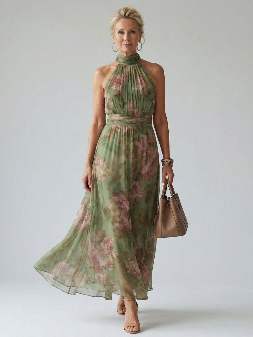 Women's green halter midi dress with elegant floral print. A perfect summer sundress for warm weather.