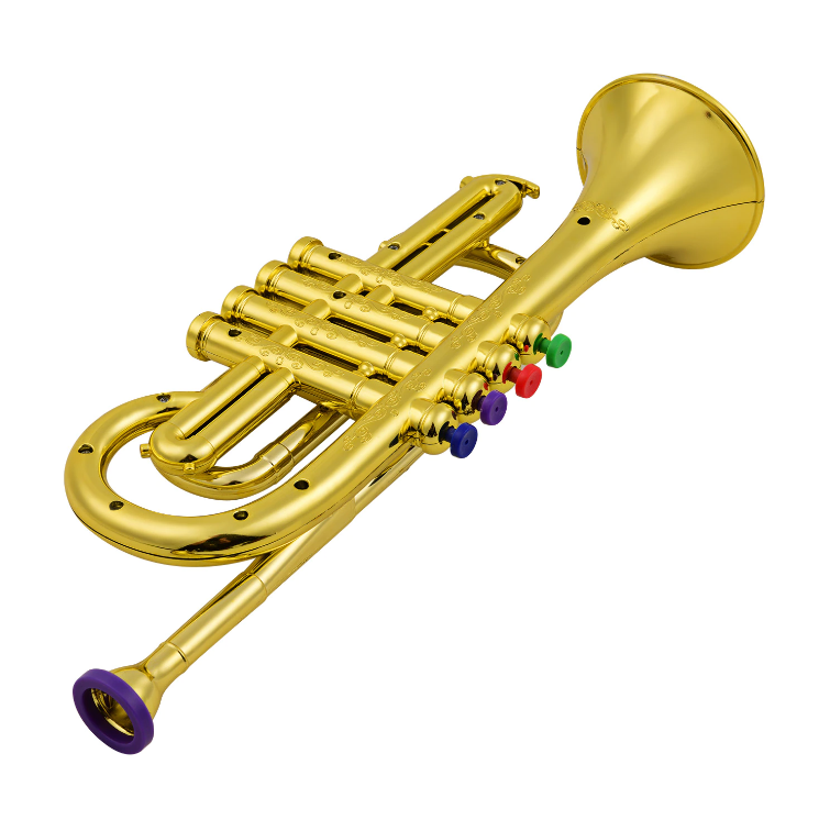 Colorful children's musical trumpet toy with vibrant keys, simulating real instrument play, designed for young musicians' enj