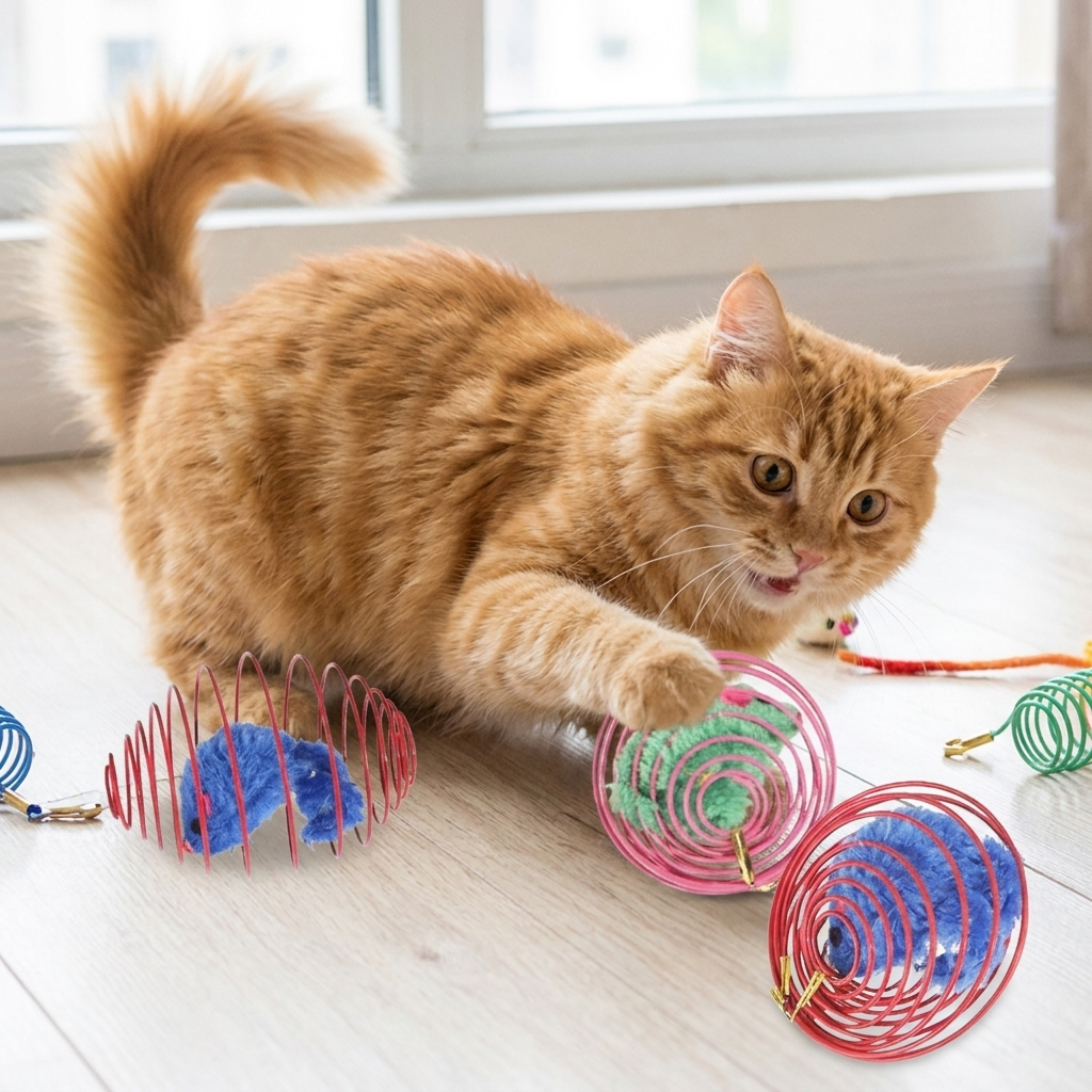 Colorful interactive spring cat toy with bouncing balls, perfect for playful kittens & adult cats' indoor enrichment.