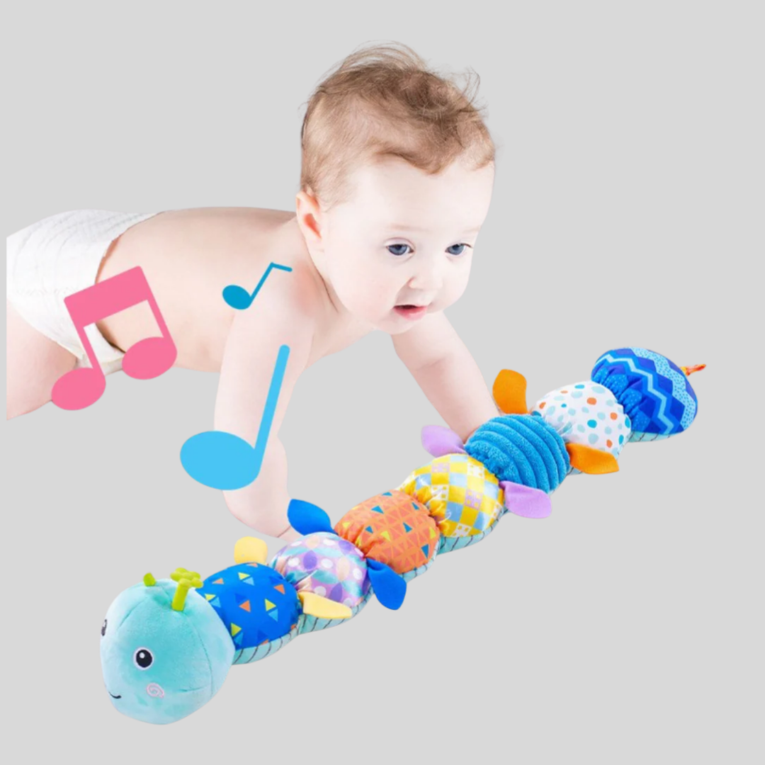 Vibrant baby caterpillar plush rattle, perfect newborn gift for infant sensory & developmental play.
