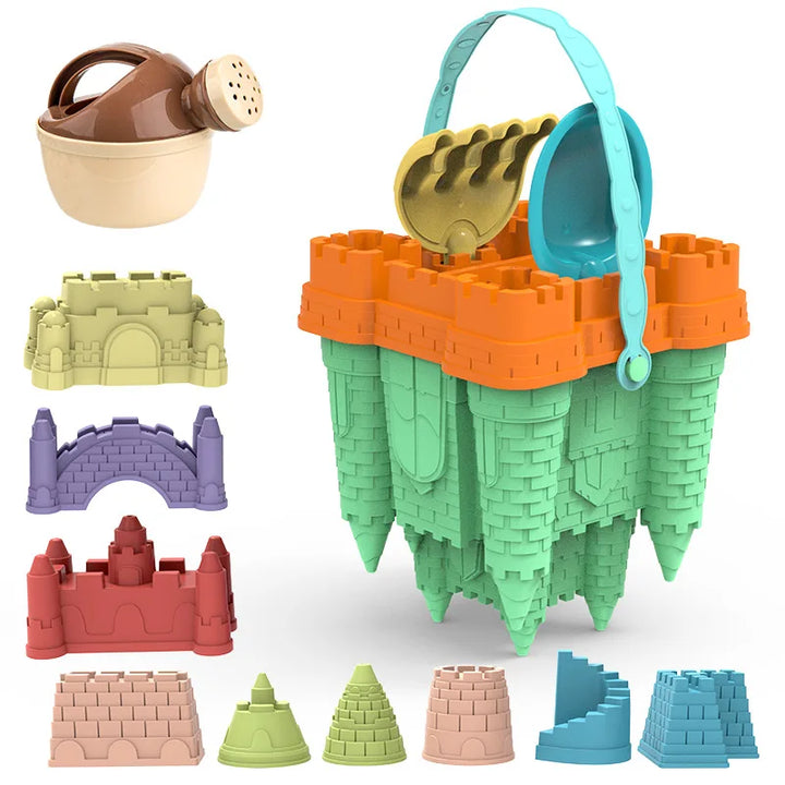 Colorful sandcastle building playset for kids, perfect for beach, sandbox, and imaginative outdoor summer fun.