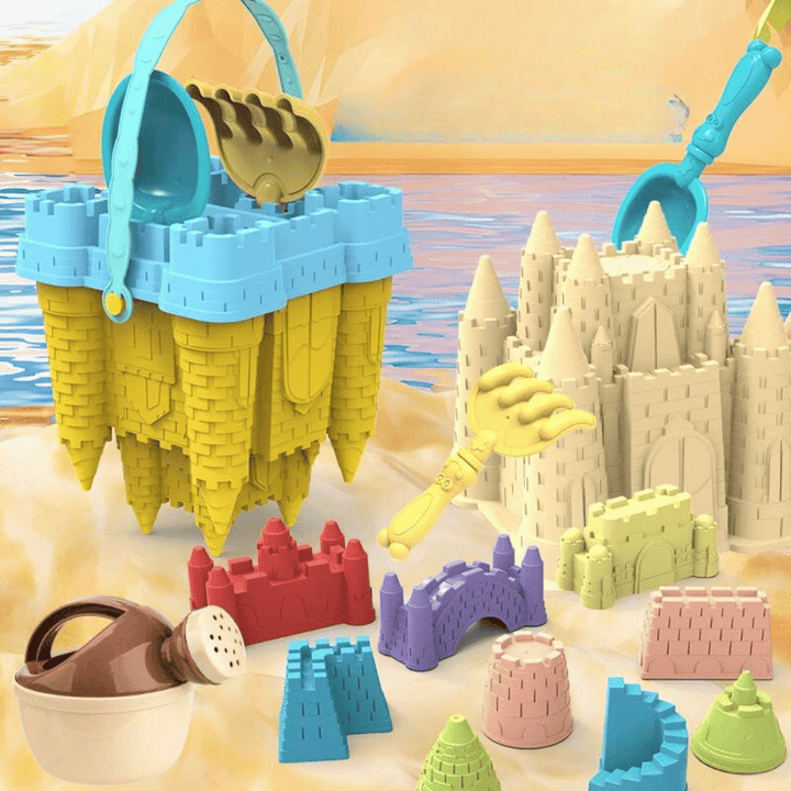Kids' sandcastle playset with various plastic molds & tools for creative beach & sandbox construction.