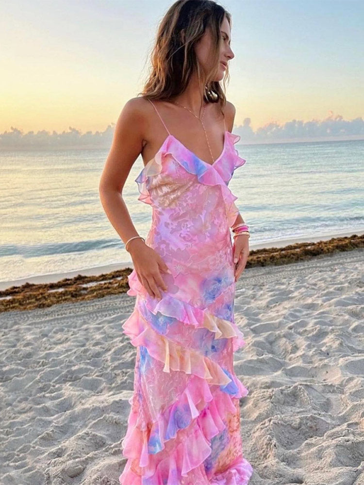 Colorful women's ruffle summer dress with a comfortable loose fit. Ideal for beach, vacation, or casual parties.