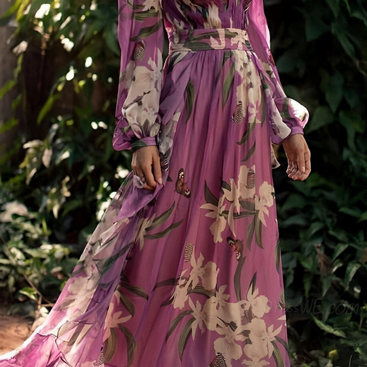 Purple floral v-neck maxi dress for women, comfortable and fashionable for spring and summer.