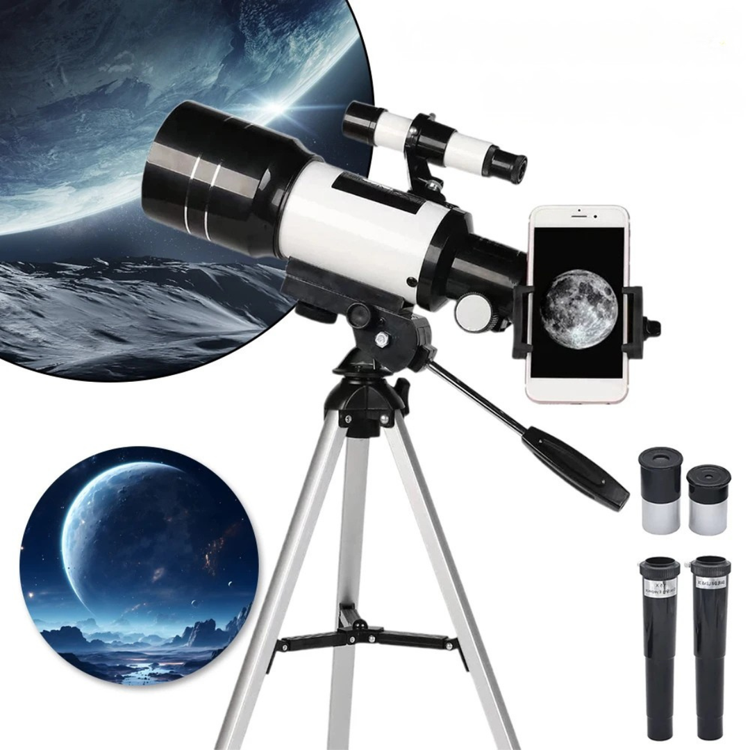 Compact 150X refractor telescope with 70mm aperture for astronomy, stargazing, and celestial viewing. Includes smartphone adapter.