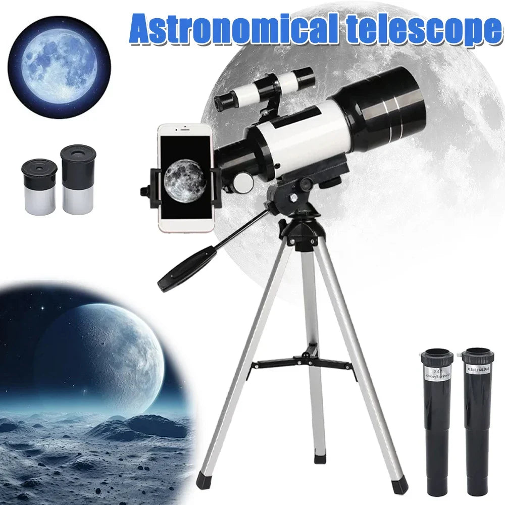Portable 70mm lens telescope, 150X magnification, ideal for beginner stargazing, includes smartphone adapter for astrophotography.