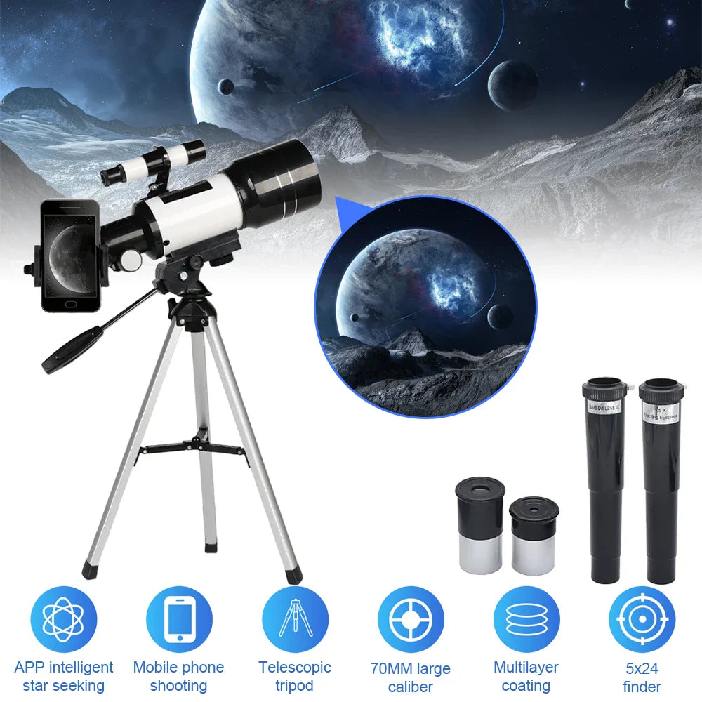 Tavvitaimp18 70mm refractor telescope with 150X zoom. Perfect for space exploration & astrophotography using the smartphone adapter.