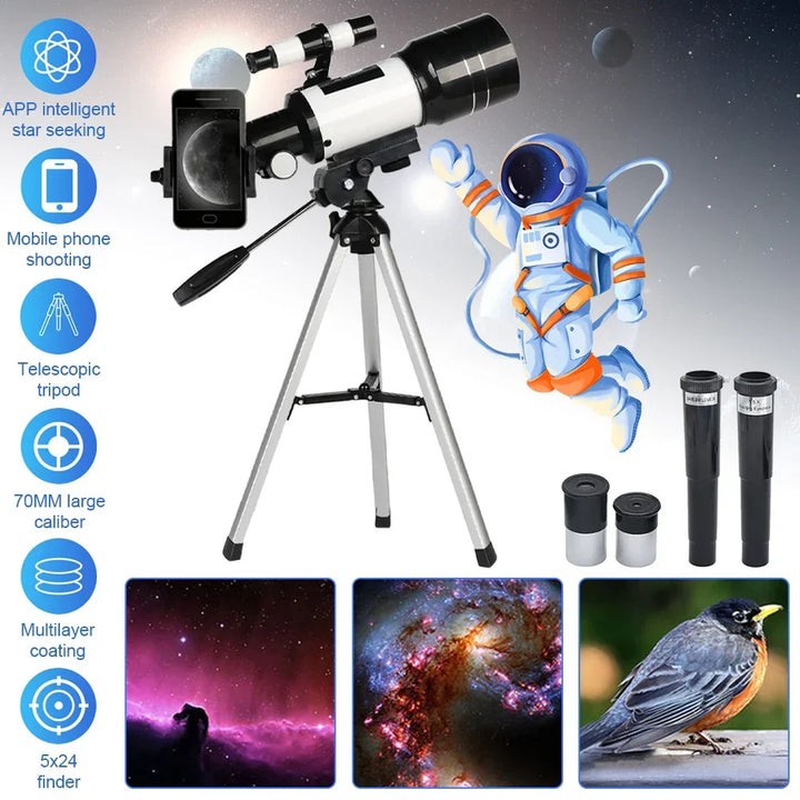 Beginner astronomy telescope: Compact 70mm refractor with 150X power & smartphone adapter for celestial photos.