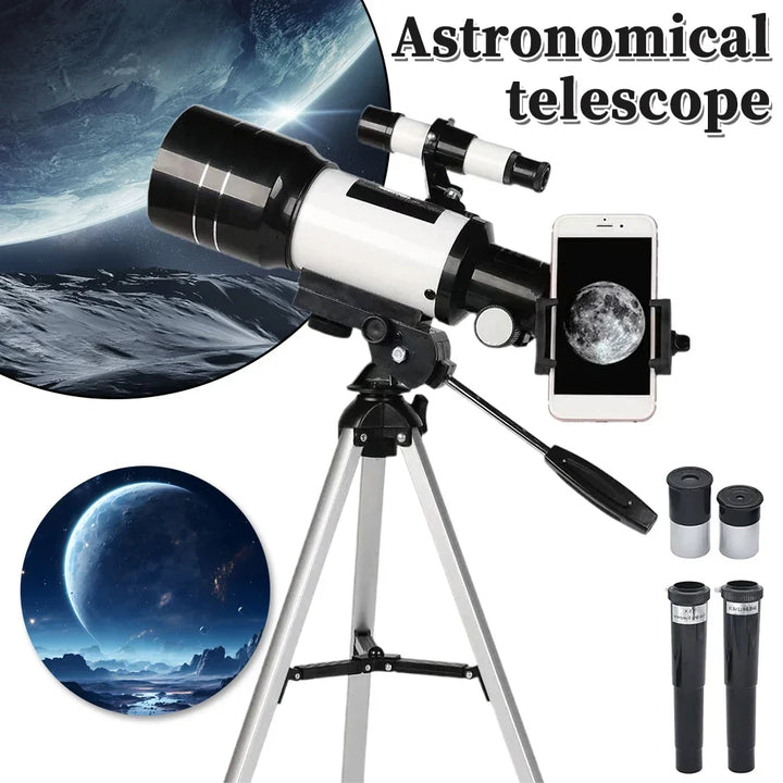Clear view 70mm aperture telescope, 150X magnification for stargazing, portable design, smartphone adapter for easy use.