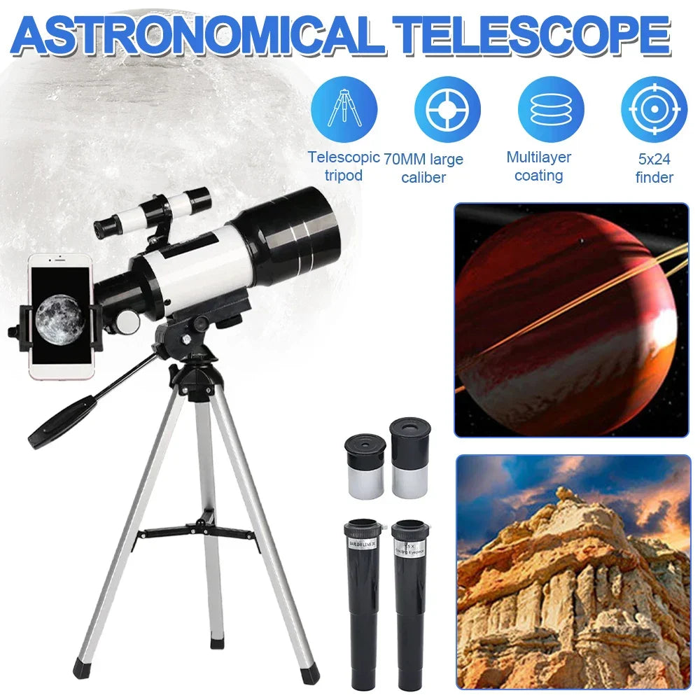 Explore the stars with a compact 150X telescope, 70mm lens, and smartphone adapter, perfect for celestial photography.