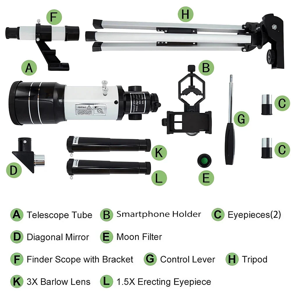 Astronomy explorer telescope: 70mm refractor with 150X zoom, portable, and includes a smartphone adapter for capturing space.