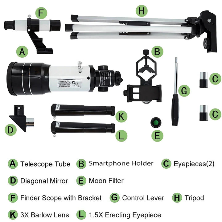 Astronomy explorer telescope: 70mm refractor with 150X zoom, portable, and includes a smartphone adapter for capturing space.