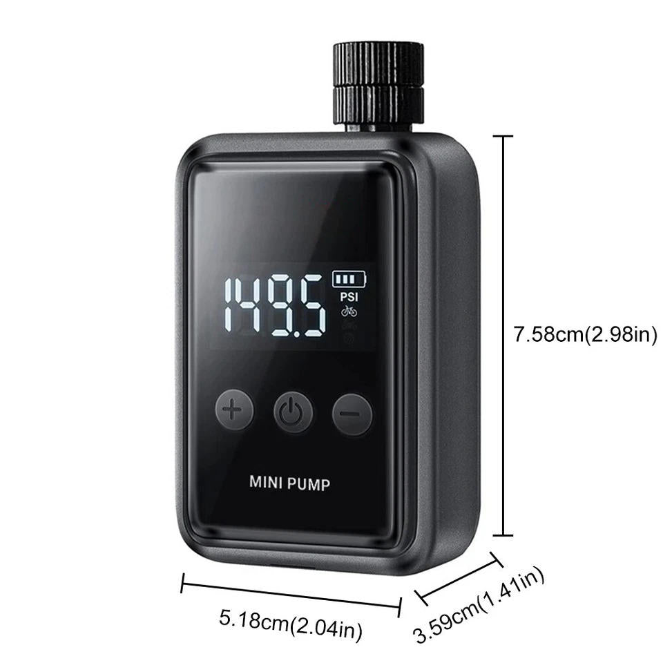 Compact electric mini bike pump with digital display, shown compact and lightweight, ideal for road and mountain biking.
