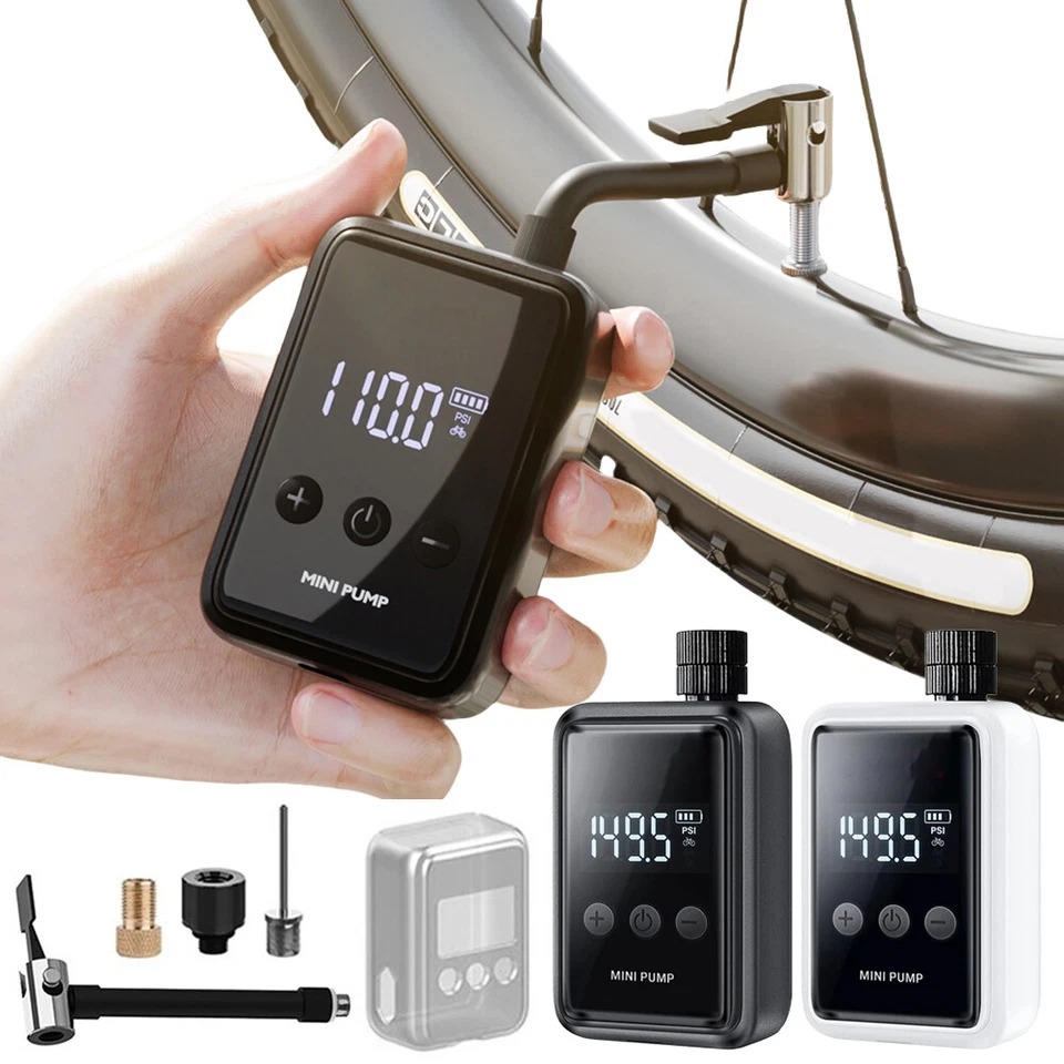 Compact electric mini bike pump with digital display, shown compact and lightweight, ideal for road and mountain biking.