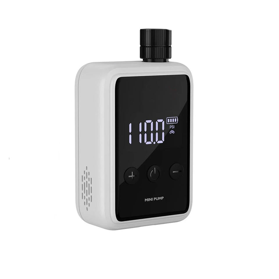 Compact electric mini bike pump with digital display, shown compact and lightweight, ideal for road and mountain biking.
