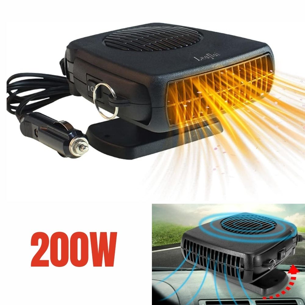 "Compact portable 150W 300W ceramic car heater fan, black, plugs into 12V socket, for fast heating and air purification."