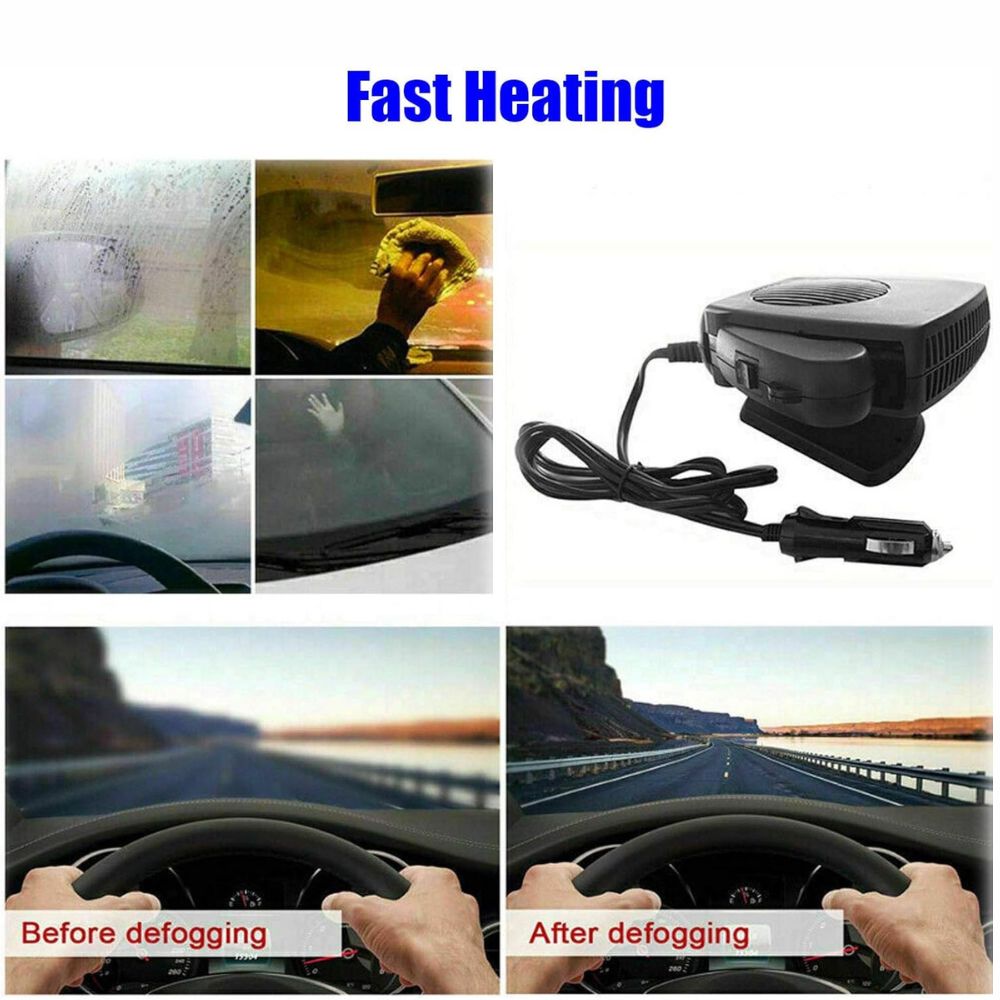 "Compact portable 150W 300W ceramic car heater fan, black, plugs into 12V socket, for fast heating and air purification."