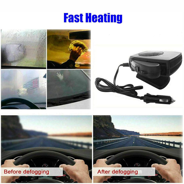 "Compact portable 150W 300W ceramic car heater fan, black, plugs into 12V socket, for fast heating and air purification."