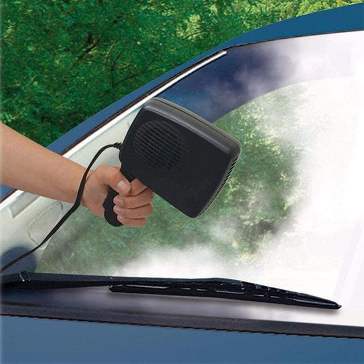 "Compact portable 150W 300W ceramic car heater fan, black, plugs into 12V socket, for fast heating and air purification."