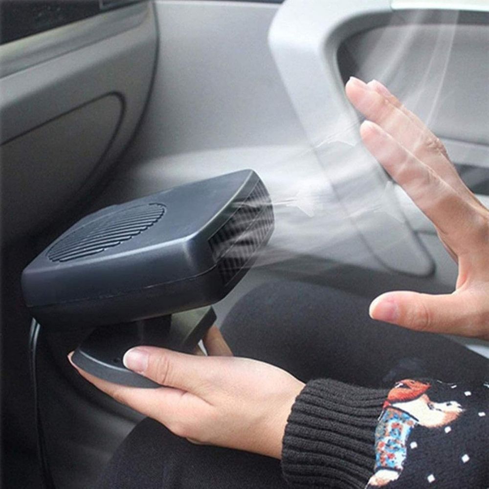"Compact portable 150W 300W ceramic car heater fan, black, plugs into 12V socket, for fast heating and air purification."