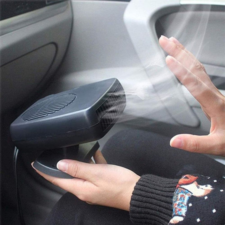"Compact portable 150W 300W ceramic car heater fan, black, plugs into 12V socket, for fast heating and air purification."